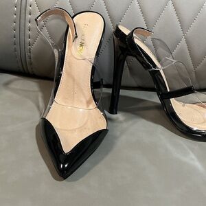 Fashion Nova Black Patent Pointed Toe Stiletto Heels with Clear Straps